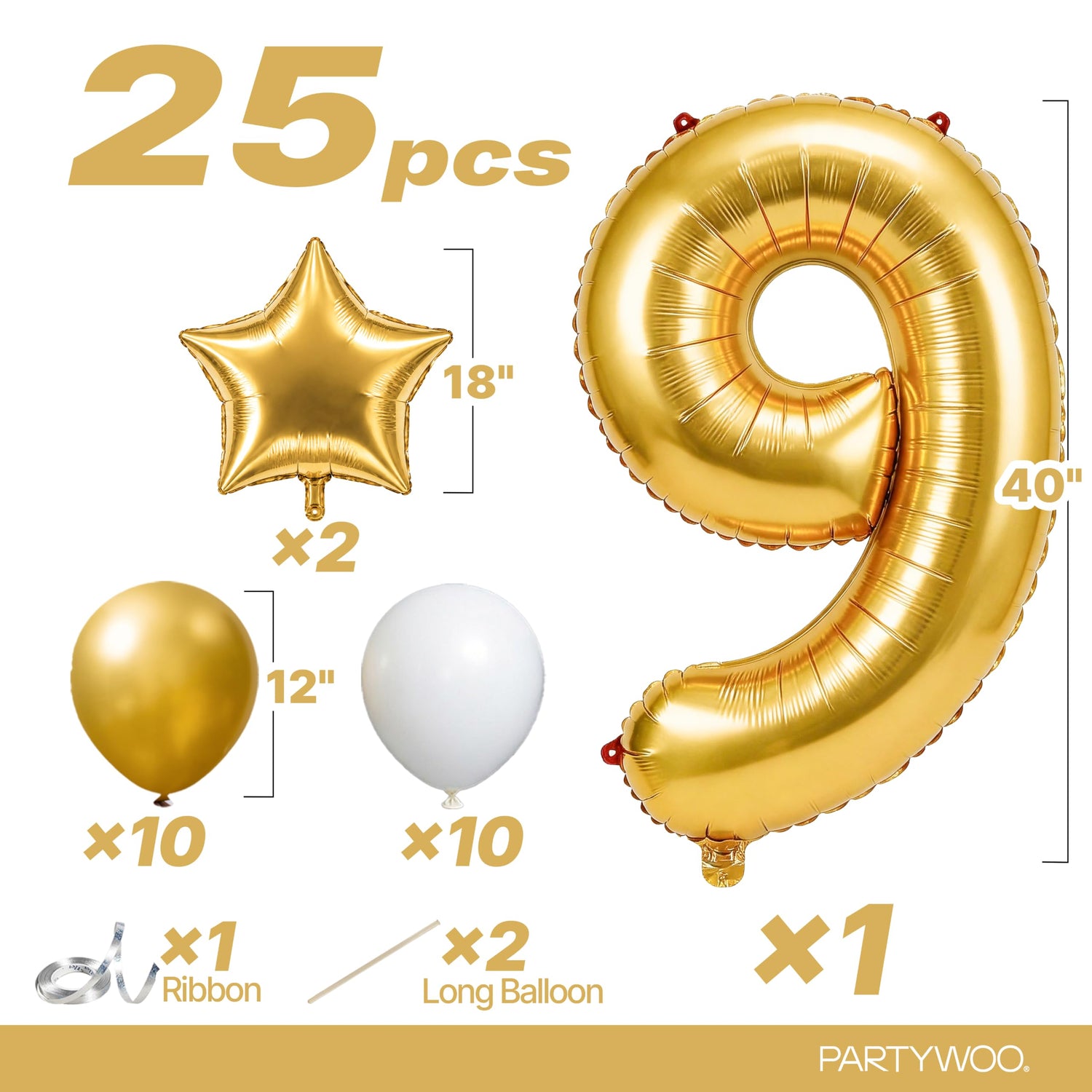 Gold-LG01 Number 9 Balloon Set 25pcs (40 inch)