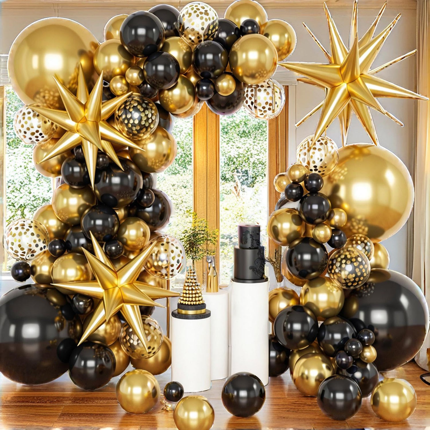 PartyWoo Black and Gold Balloon Arch Kit Garland 142pcs Different Sizes of 18 12 10 5 Inch Black Metallic Gold Confetti 22 Inch Star Balloons for Graduation Birthday New Year's Eve Party Decorations