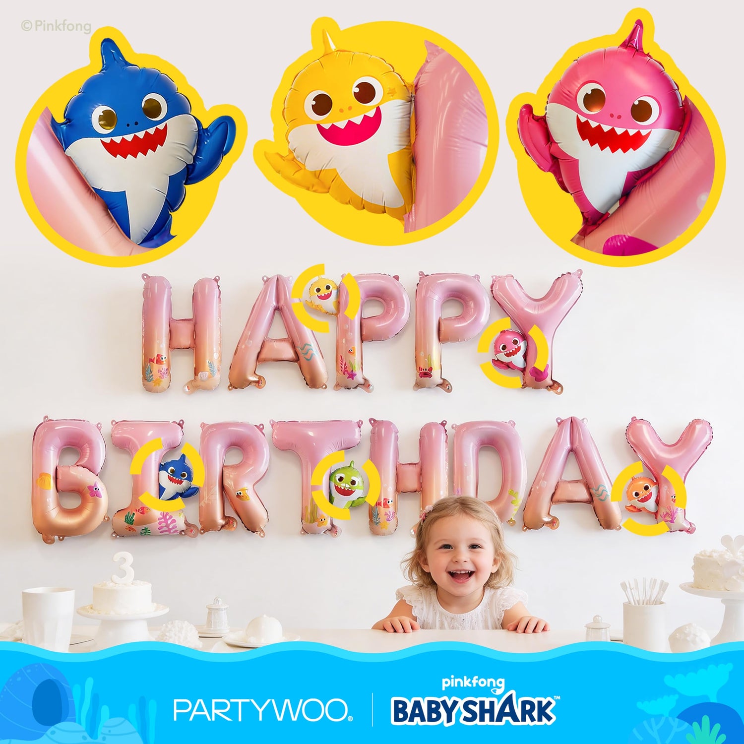 Baby Shark Pink Happy Birthday Banner Letter Balloons 16 Inch