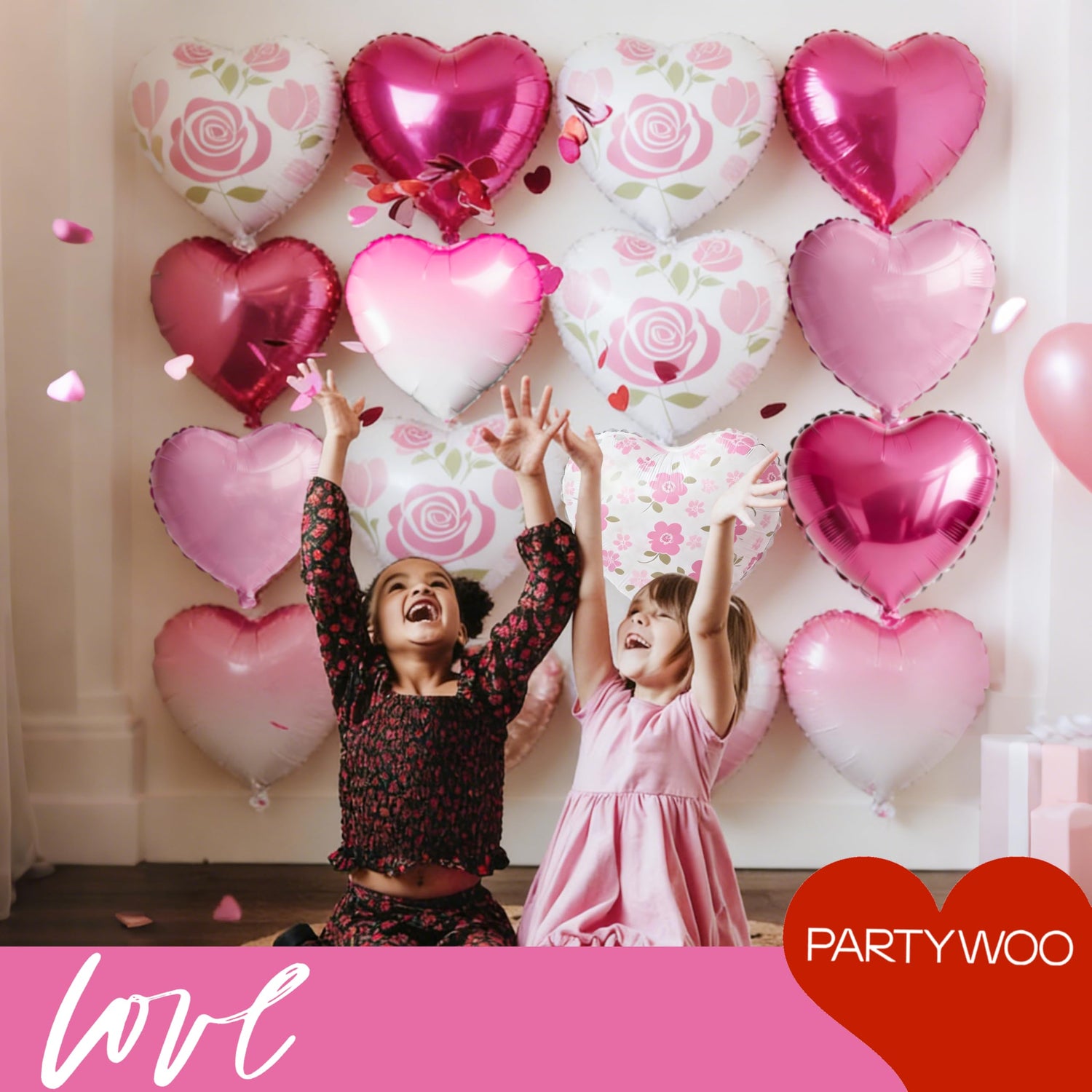 White & Pink & Red Foil Heart Balloons 15pcs (18 inch)