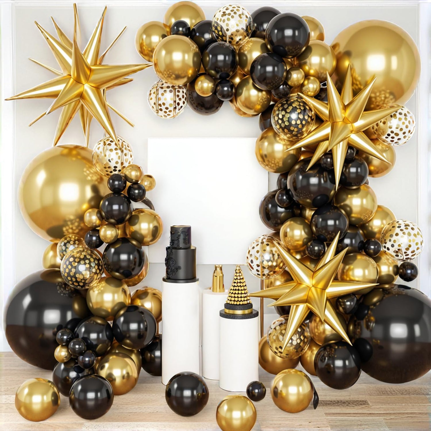 PartyWoo Black and Gold Balloon Arch Kit Garland 140pcs Different Sizes of 18 12 10 5 Inch Black Metallic Gold Confetti 22 Inch Star Balloons for Graduation Birthday New Year's Eve Party Decorations