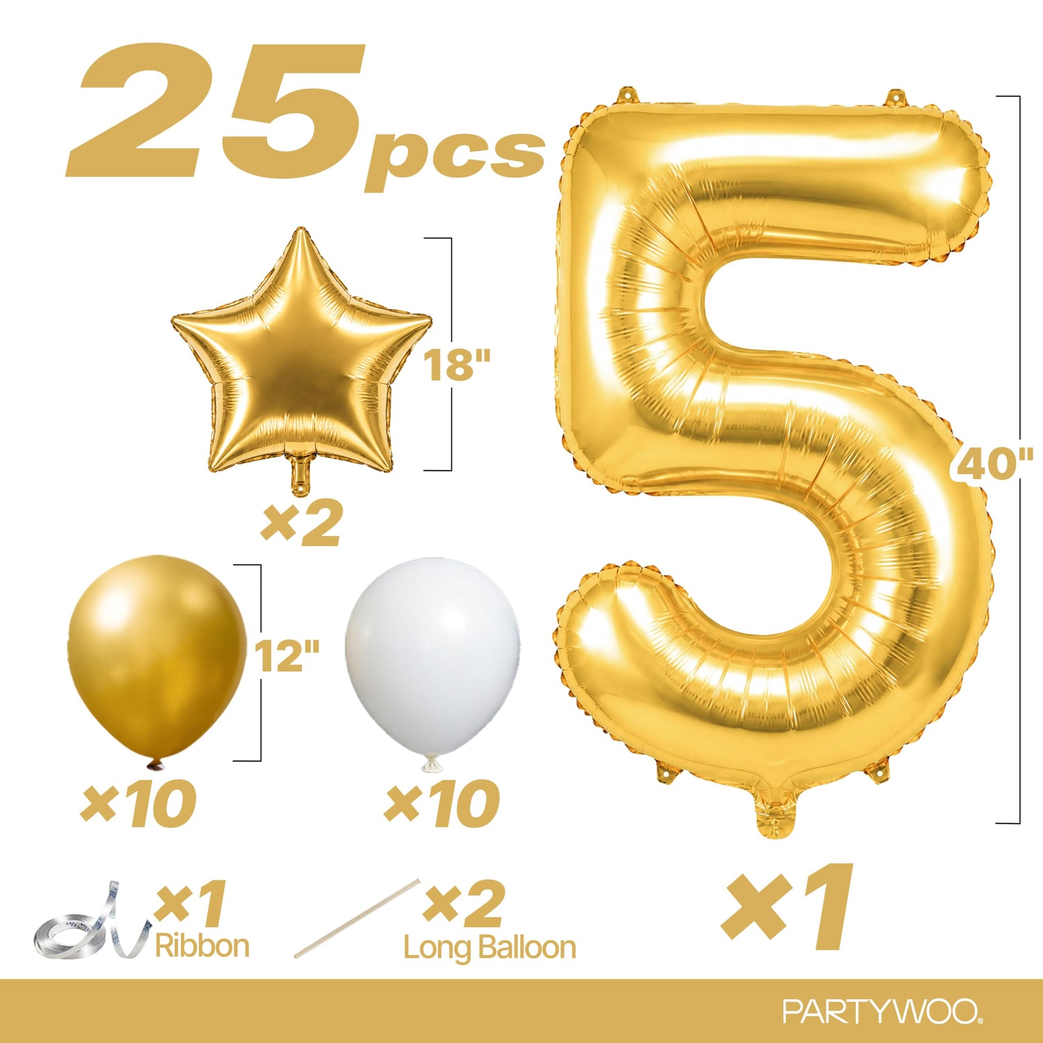 Gold-LG01 Number 5 Balloon Set 25pcs (40 inch)