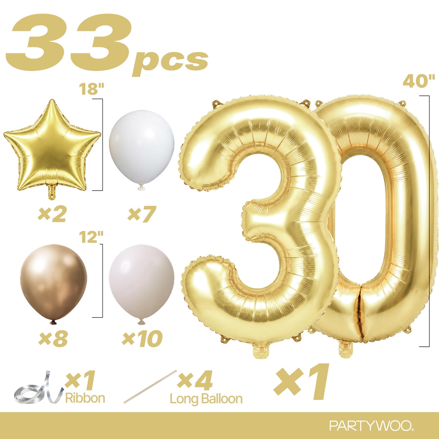 Light Gold Number 30 Balloon Set 33pcs (40 inch)