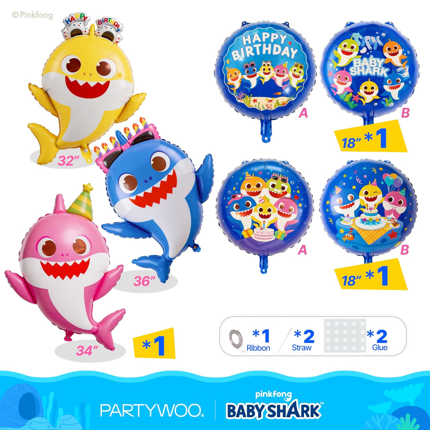 Baby Shark Blue Family Foil Balloons 5pcs