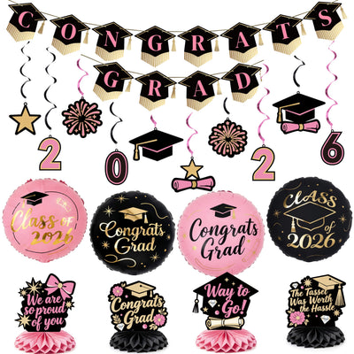 PartyWoo Graduation Decorations Class of 2026 Black Gold Pink 19pcs Grad Party Supplies with Congrats 2026 Grad Banner Hanging Swirls Foil Balloons Graduation Cap Centerpieces Party Decorations