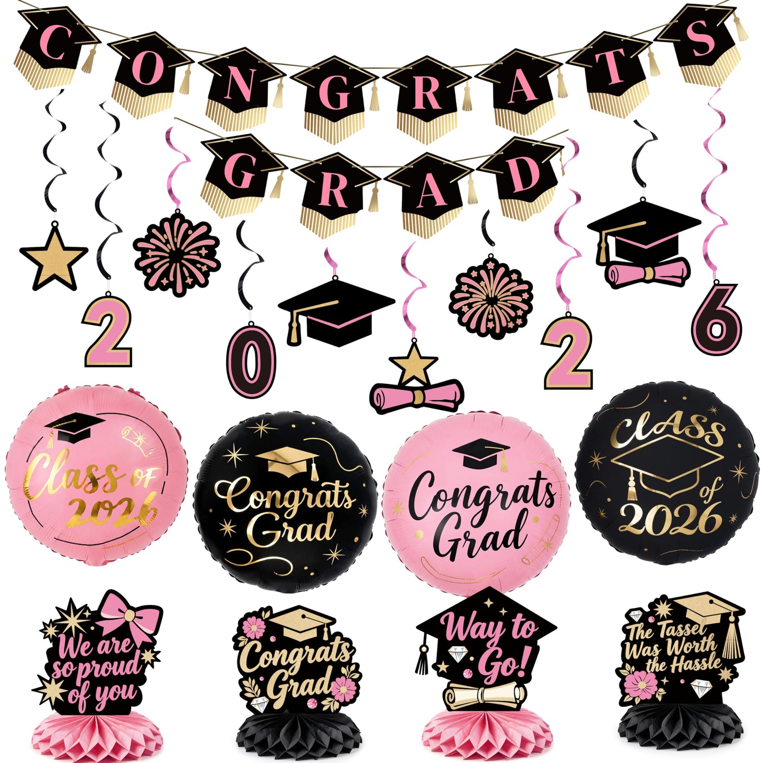 Pink & Gold Graduation Decorations 19pcs
