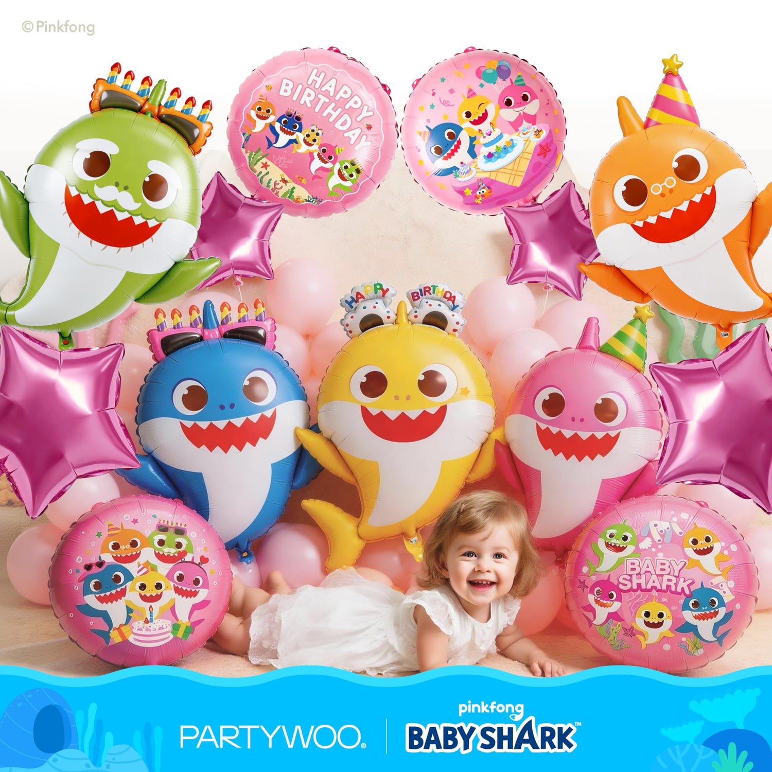 Baby Shark Pink Family Foil Balloons 13pcs