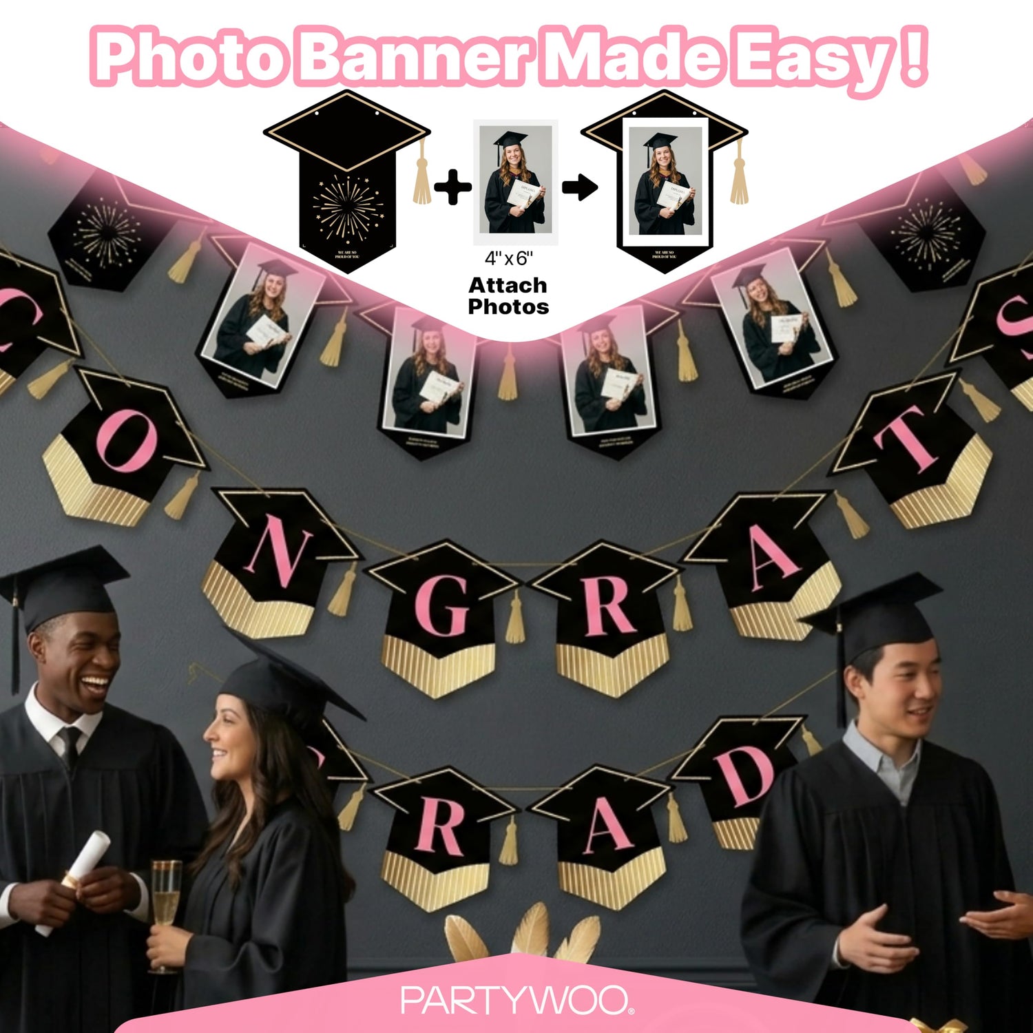 Pink & Gold Graduation Banner Decorations 2pcs