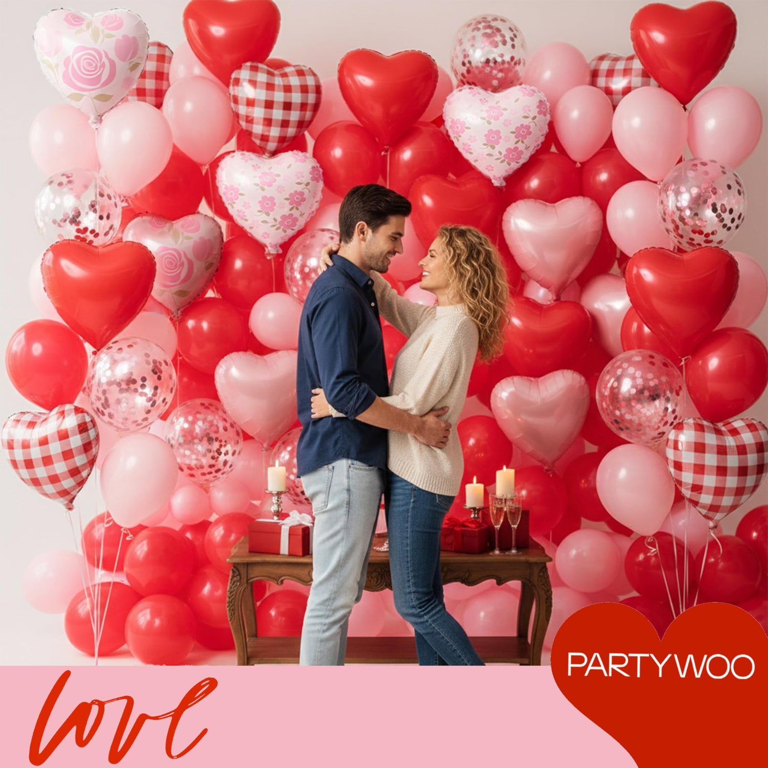 White & Pink & Red Foil Heart Balloons 15pcs (18 inch)