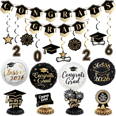 PartyWoo Graduation Decorations Class of 2026 Black Gold 19pcs Grad Party Supplies with Black Gold Congrats 2026 Grad Banner Hanging Swirls Foil Balloons Graduation Cap Centerpieces Party Decorations