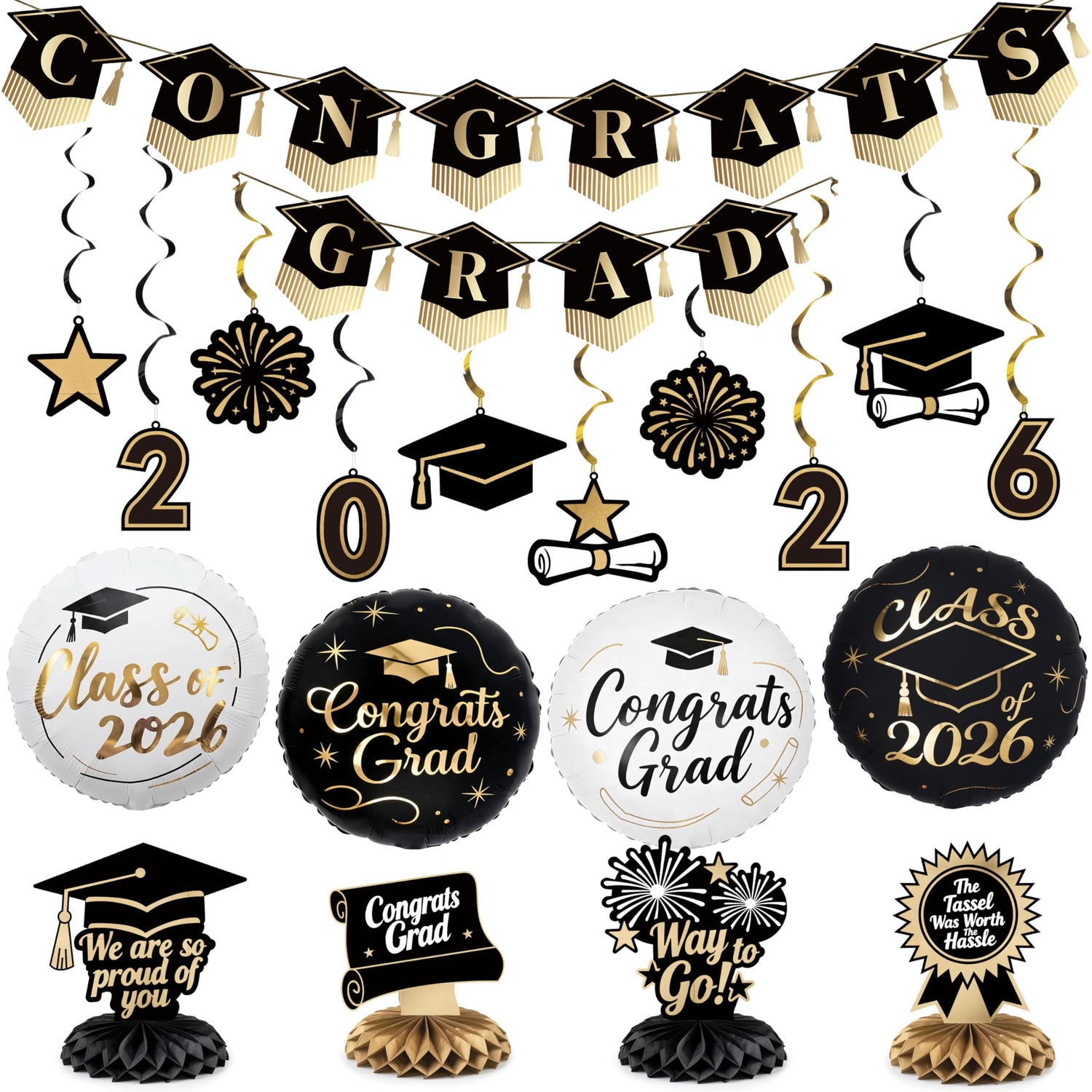 Black & Gold Graduation Decorations 19pcs