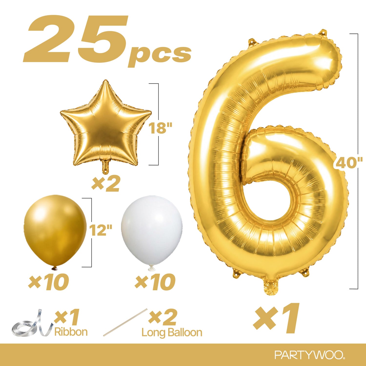 Gold-LG01 Number 6 Balloon Set 25pcs (40 inch)