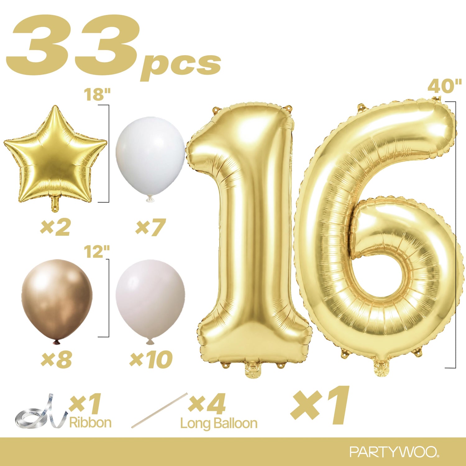 Light Gold Number 16 Balloon Set 33pcs (40 inch)