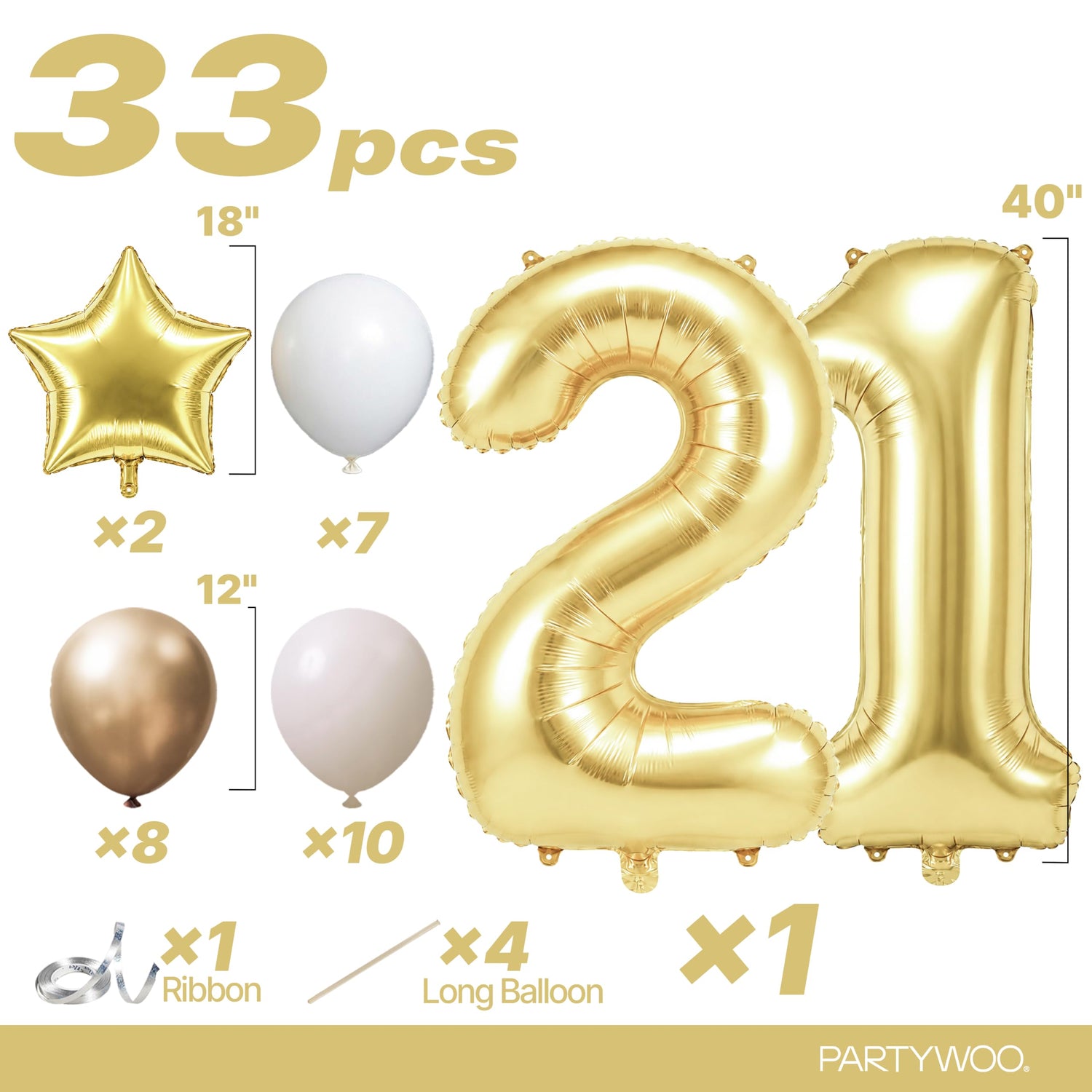 Light Gold Number 21 Balloon Set 33pcs (40 inch)