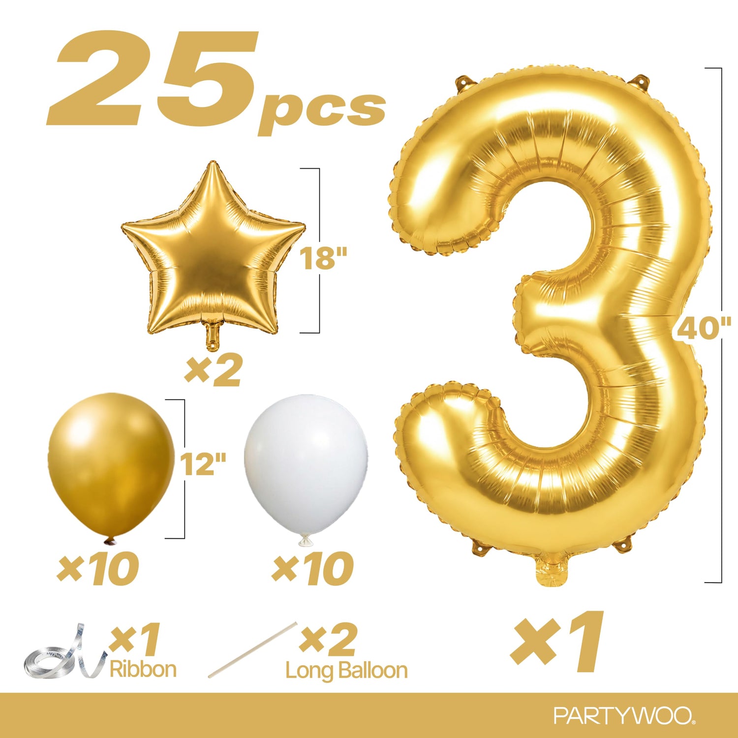 Gold-LG01 Number 3 Balloon Set 25pcs (40 inch)