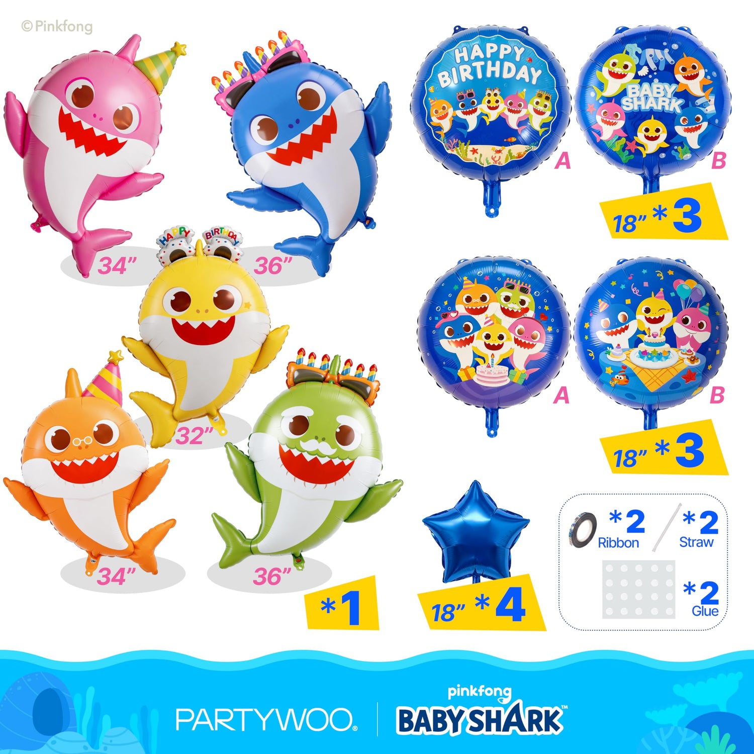 Baby Shark Blue Family Foil Balloons 13pcs