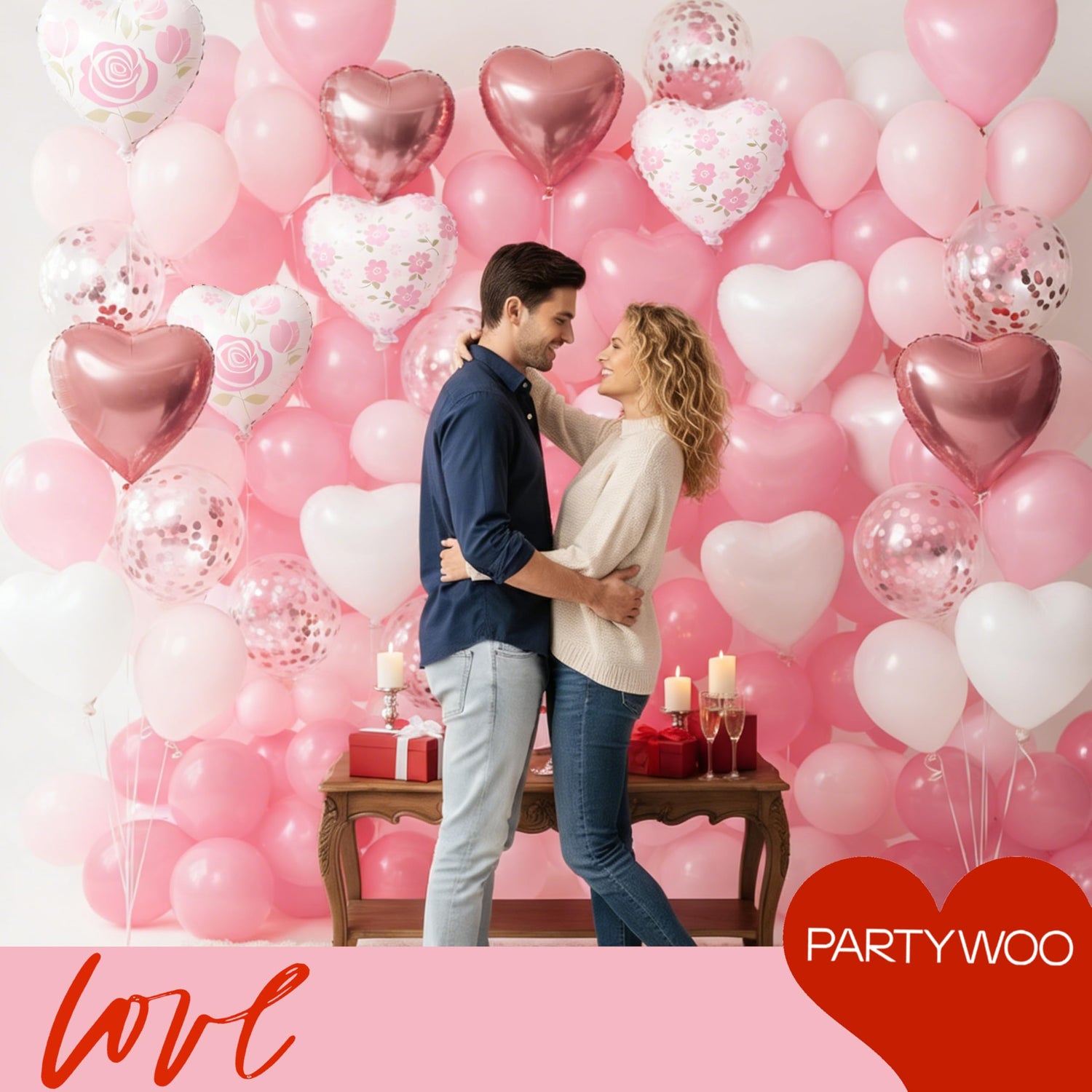 White & Pink Foil Heart Balloons 15pcs (18 inch)