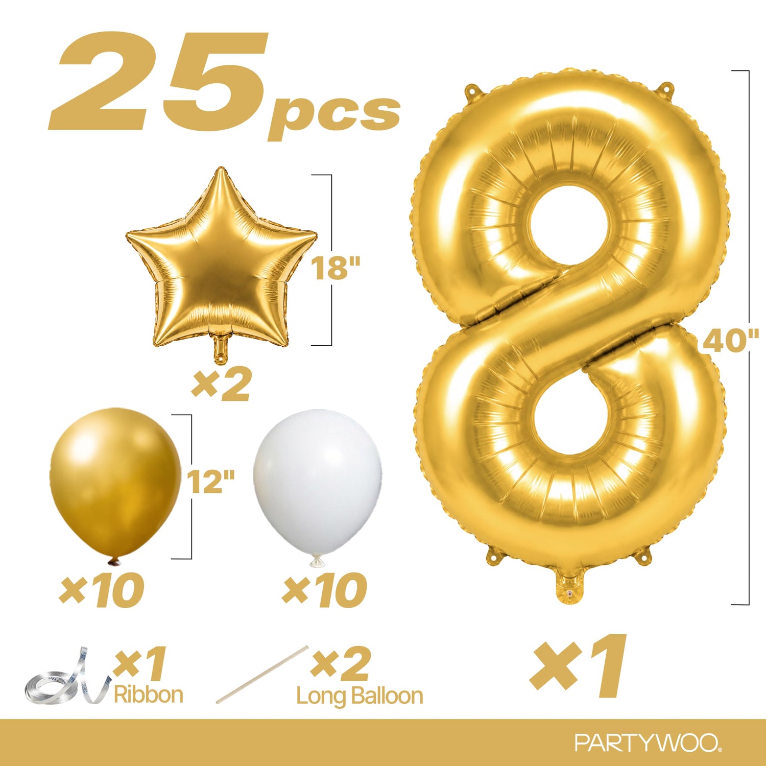 Gold-LG01 Number 8 Balloon Set 25pcs (40 inch)