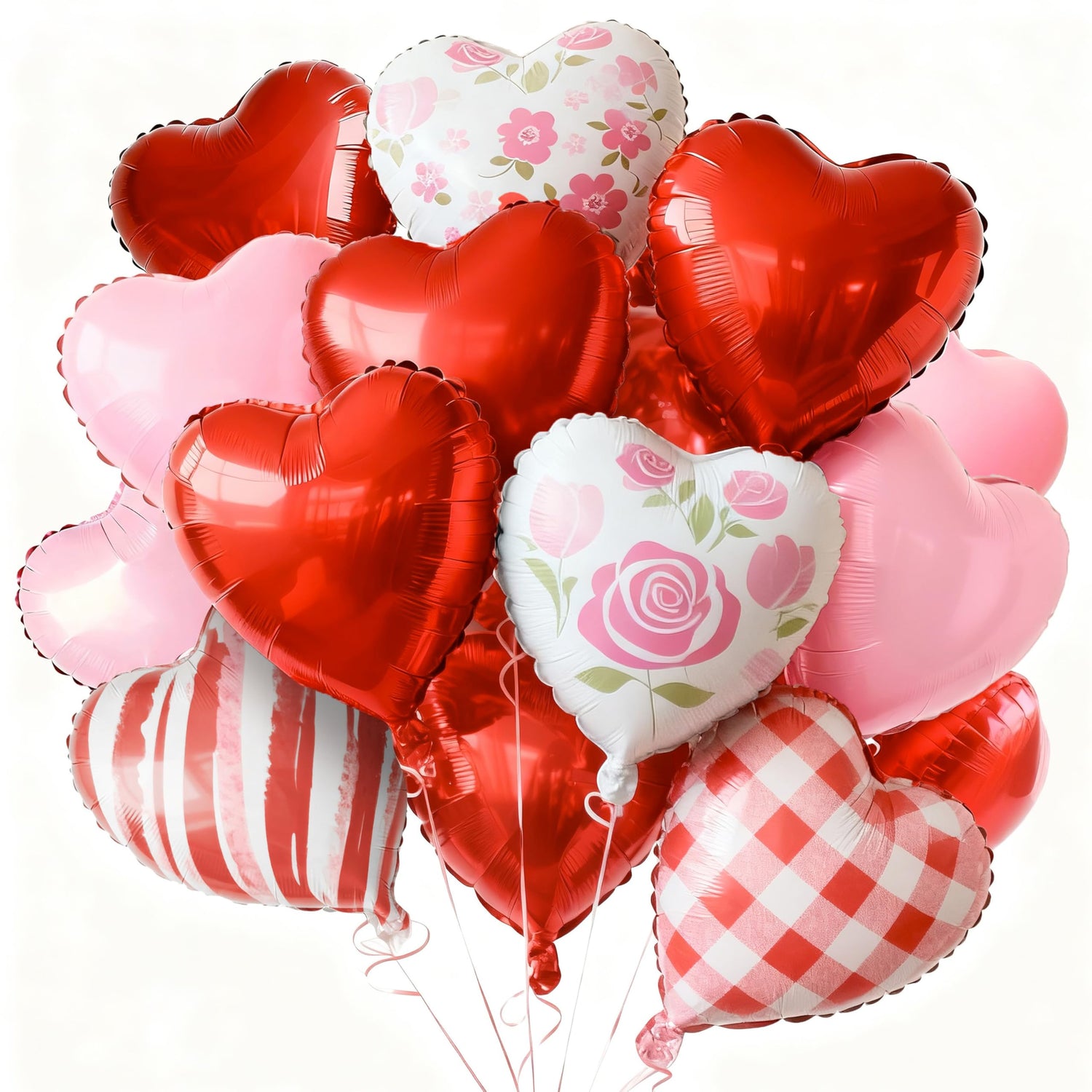 White & Pink & Red Foil Heart Balloons 15pcs (18 inch)