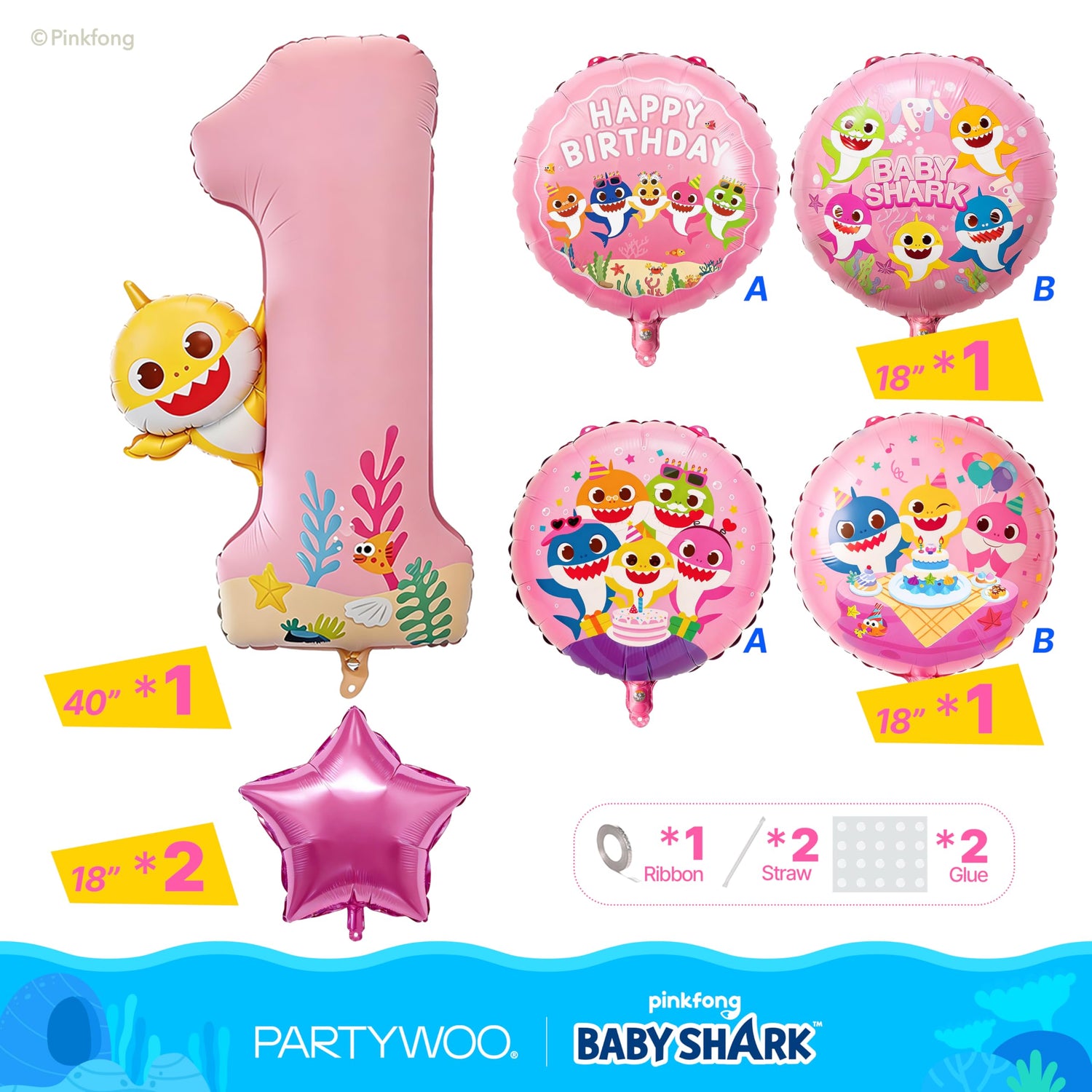Baby Shark Pink Foil Number 1 Balloon 5pcs 40 18 Inch
