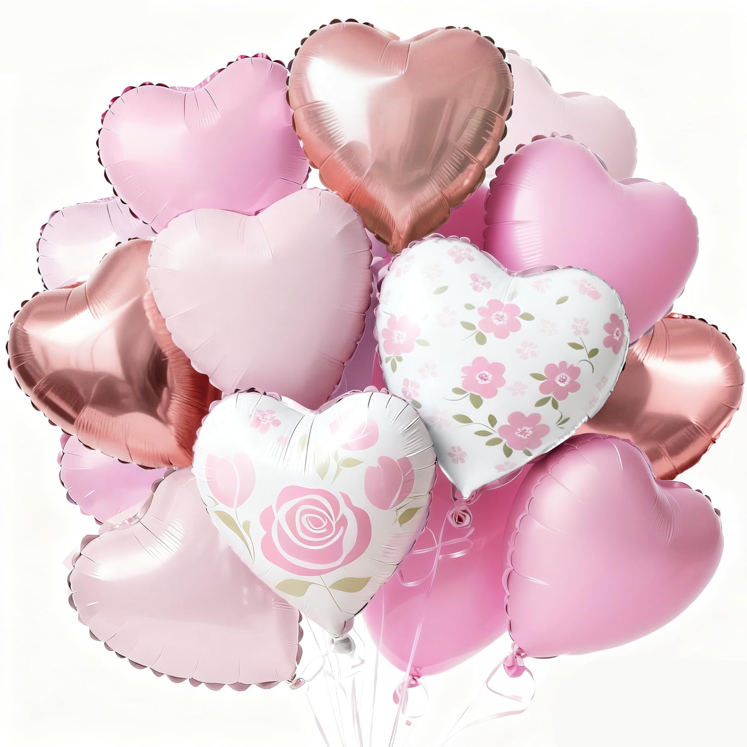 White & Pink Foil Heart Balloons 15pcs (18 inch)