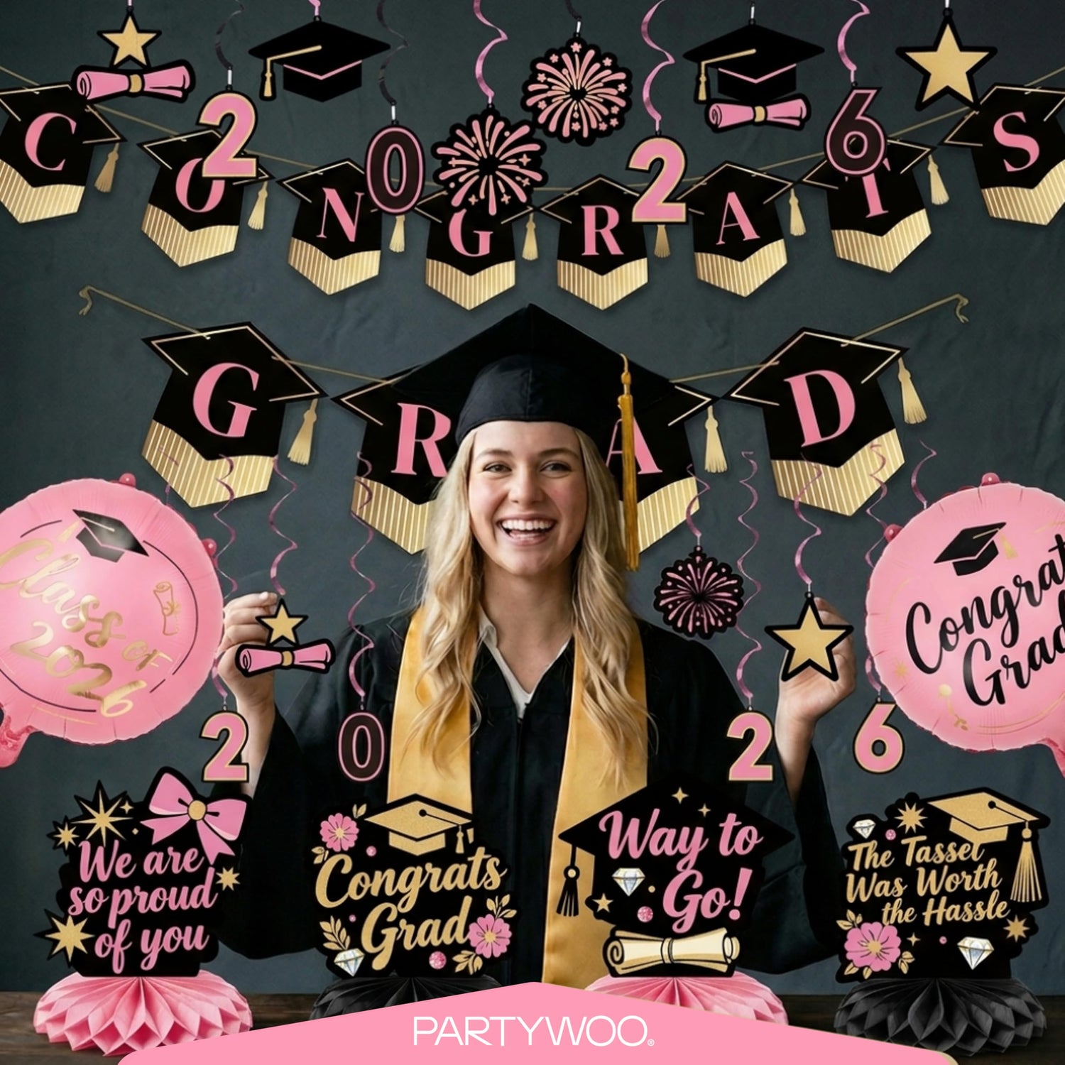 Pink & Gold Graduation Decorations 19pcs