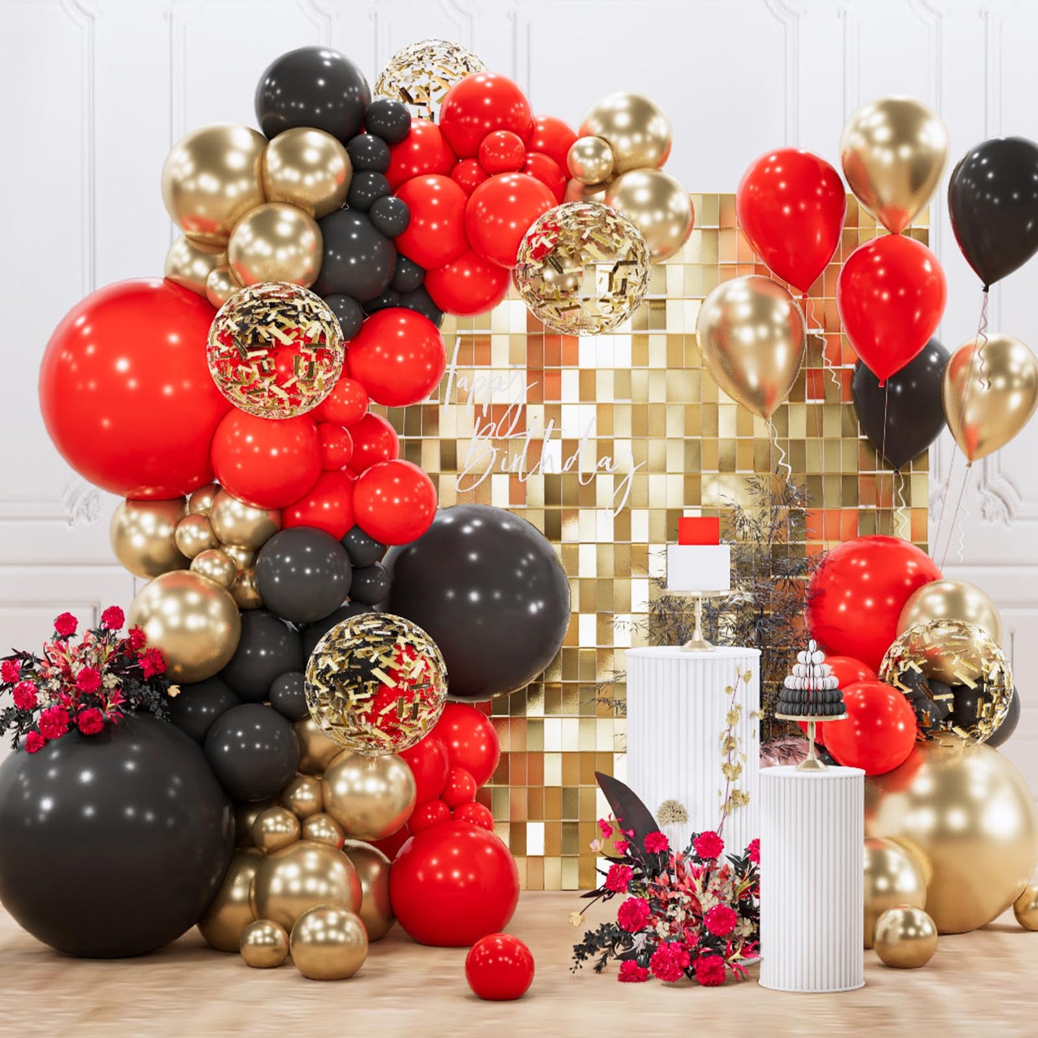 Black & Red & Gold Balloons Arch Kit Garland 140pcs (5/10/12/18 inch)