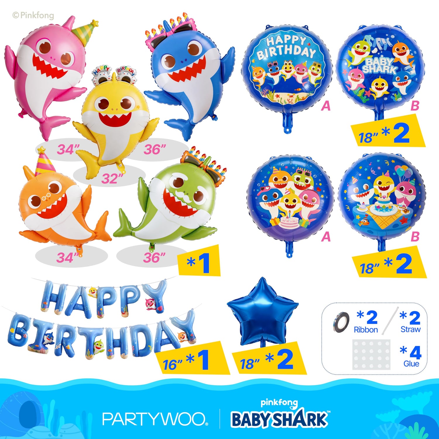Baby Shark Blue Family Foil Balloons 13pcs
