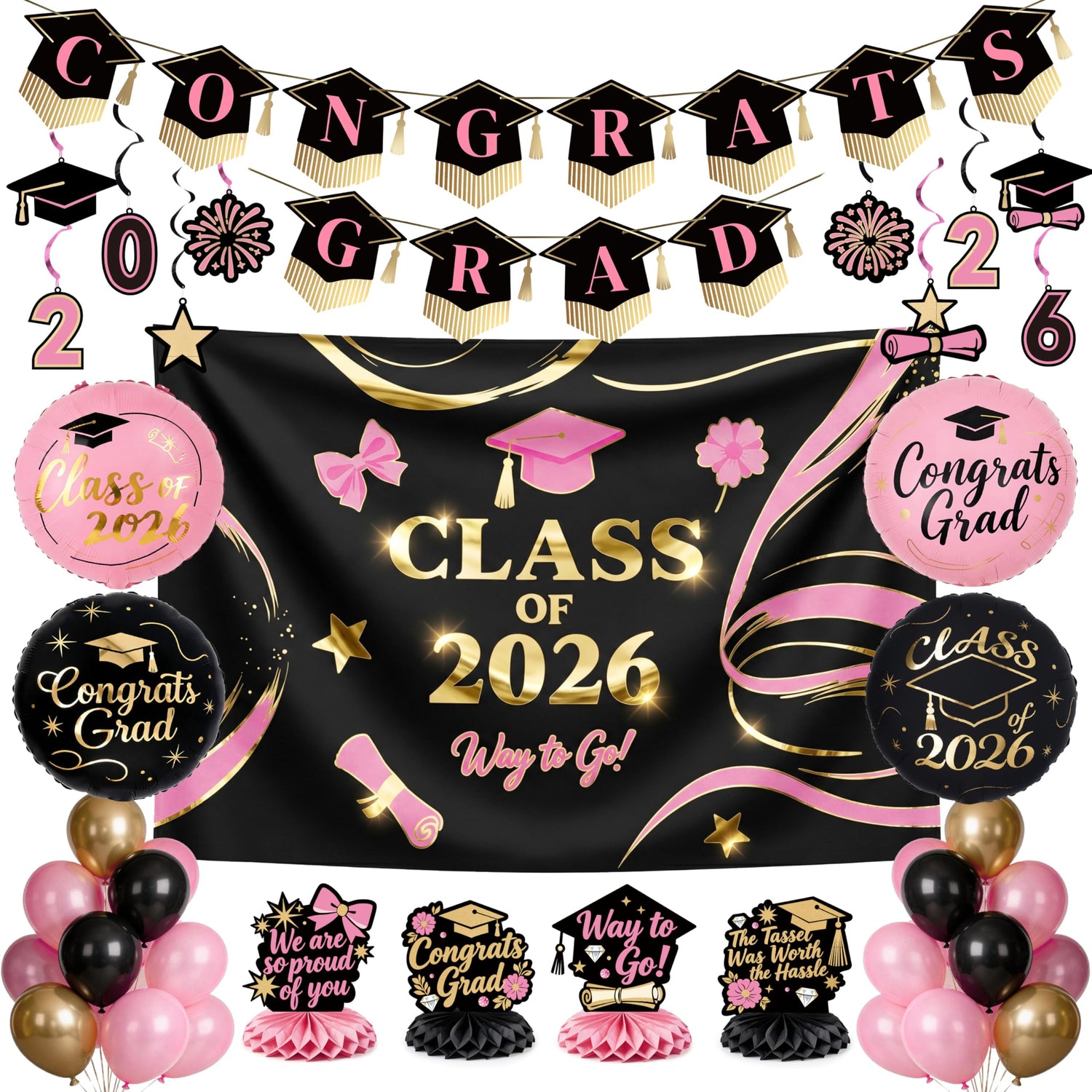 Pink & Gold Graduation Decorations 40pcs