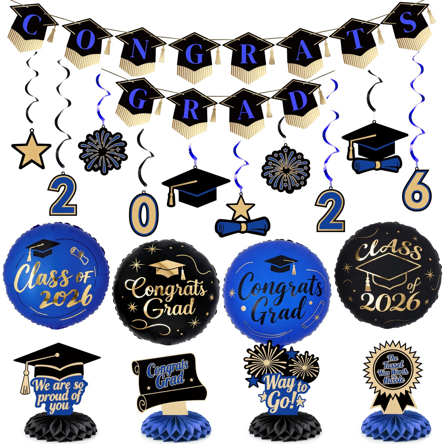 Blue & Gold Graduation Decorations 19pcs