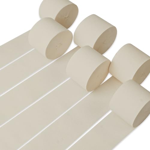 PartyWoo Crepe Paper Streamers 6 Rolls 492ft, Pack of Crepe Paper in White Sand Color, Retro White Crepe Paper for Birthday Decorations, Party Decorations, Wedding Decorations (1.8 in x 82 Ft/Roll)