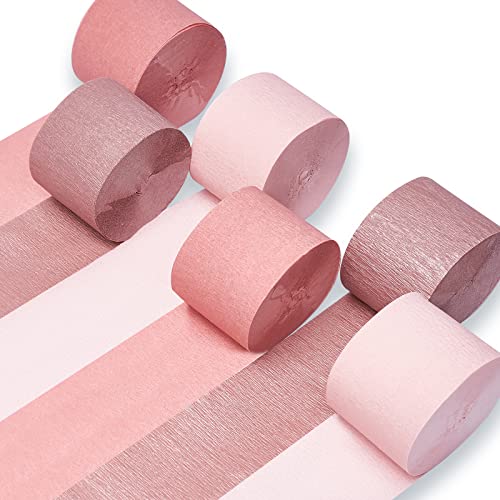 PartyWoo Crepe Paper Streamers 6 Rolls 492ft, Metallic Rose Gold, Pink