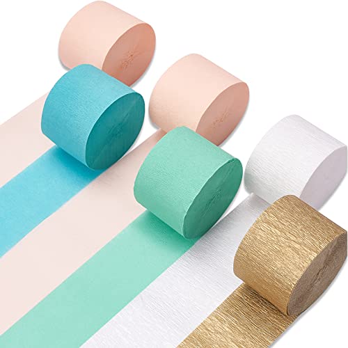 PartyWoo Crepe Paper Streamers 6 Rolls 492ft, Pack of White, Silver, Royal Blue, Light Blue Party Streamers for Birthday Decorations, Party