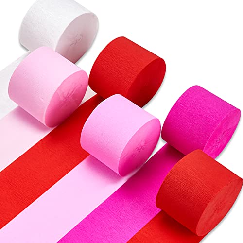 PartyWoo Crepe Paper Streamers 6 Rolls 492ft, Pack of Red, Pink, Hot Pink,  Dark Pink, White Crepe Paper for Birthday Decorations, Party Decorations