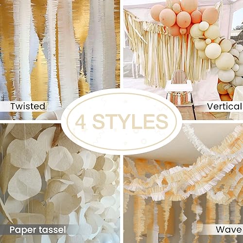 PartyWoo Crepe Paper Streamers 6 Rolls 492ft, Pack of Crepe Paper in White Sand Color, Retro White Crepe Paper for Birthday Decorations, Party Decorations, Wedding Decorations (1.8 in x 82 Ft/Roll)