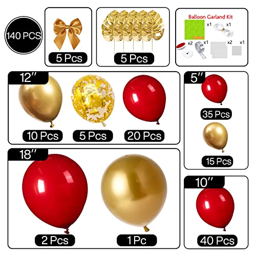  PartyWoo Red and Gold Balloons, 140 pcs Ruby Red and Gold  Balloons Different Sizes Pack of 18 Inch 12 Inch 10 Inch 5 Inch for Balloon  Garland or Balloon Arch as
