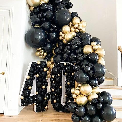 PartyWoo Gold and Black Balloon Garland Kit, 78 pcs of 8 Paper Fans, 5 Gold  Leaves, 10 Gold Butterflies, 2 Jumbo Black Balloons, 5 Marble Balloons,  Black White Gold Balloons for Black
