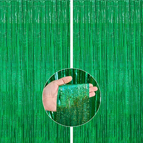 PartyWoo Green Foil Fringe Curtain, 2 pcs Green Streamers, Fringe Back