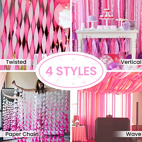 PartyWoo Crepe Paper Streamers 4 Rolls 328ft, Pack of Hot Pink Crepe P